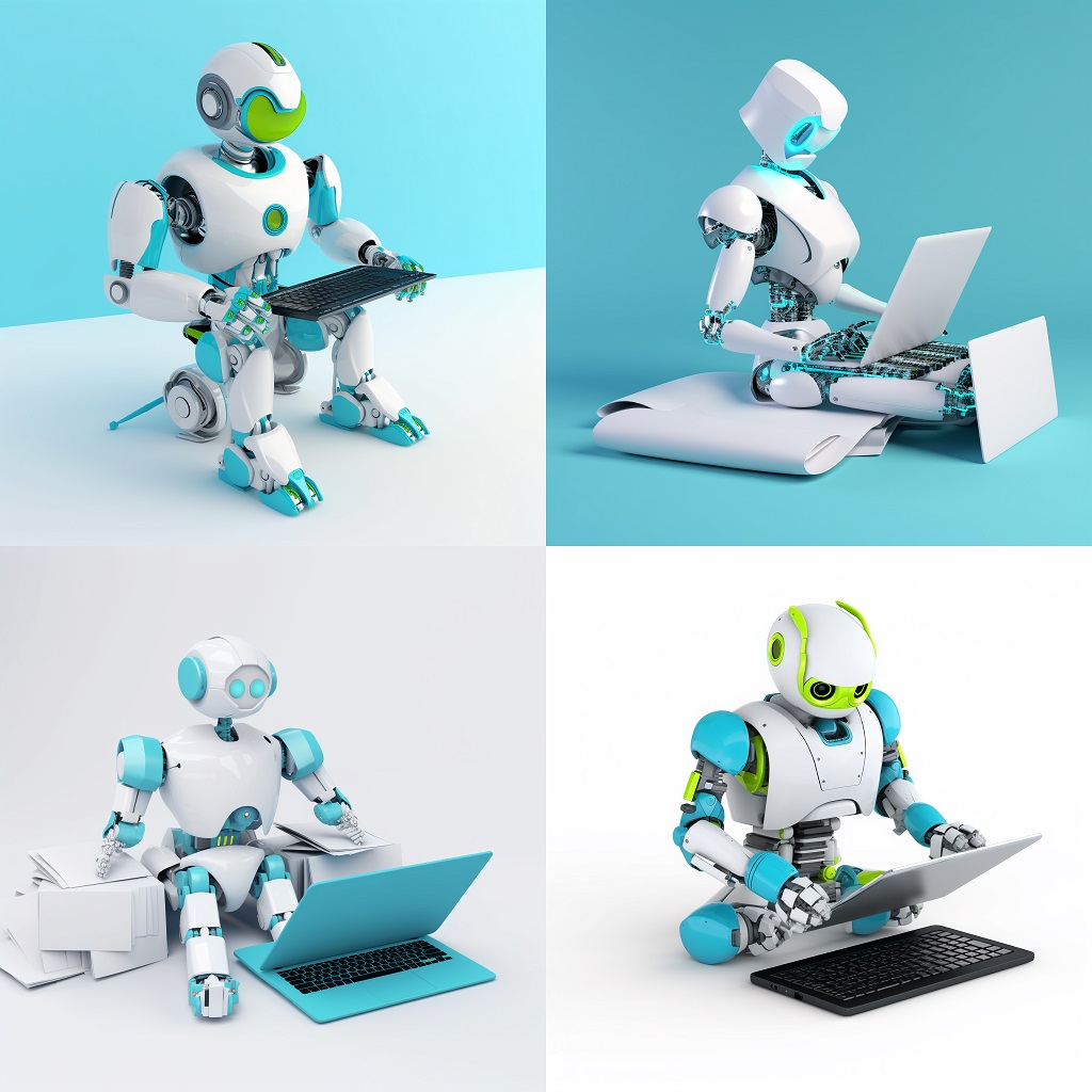 Cztery roboty siedzące przed laptopem